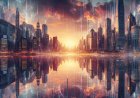 Prompt AI Bing Image Creator untuk membuat gambar kota futuristik masa depan dengan suasana senja