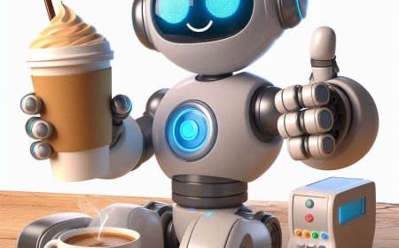Prompt AI Bing Image Creator untuk membuat gambar robot yang menyajikan kopi
